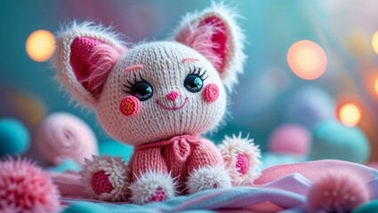 Sweet knitted mouse with pink ears and cheeks sits in a soft pastel setting