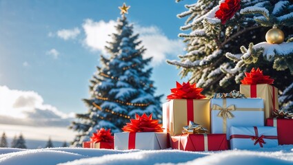 Snowy Christmas Scene with Decorated Fir Trees and Presents under a Blue Sky