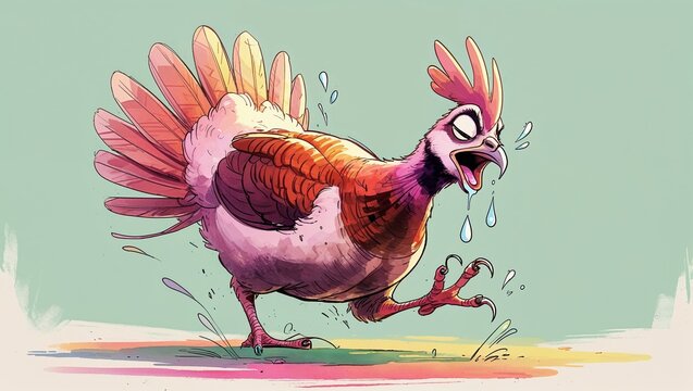 Cartoon drawing of a frantic, sweating, and panicked chicken or turkey running away