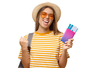 Summer shot of young happy female traveller holding passport with flight tickets screaming if she...