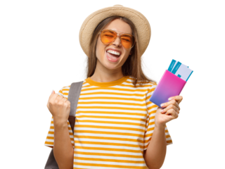 Summer shot of young happy female traveller holding passport with flight tickets screaming if she is a winner