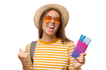 Excited young traveler celebrating her upcoming trip while holding passport and boarding passes
