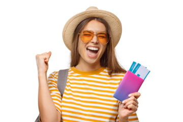 Woman shouting with joy of future journey with pasport and tickets in hands