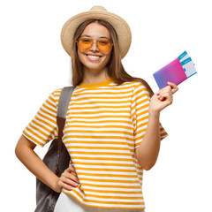 Young happy female student traveller holding passport with flight tickets