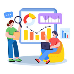 Editable design illustration of project analysis discussion