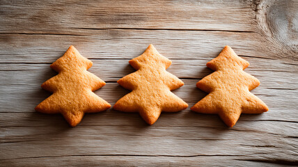 A top-down, flat lay view of three plain, undecorated Christmas tree-shaped cookies arranged in a neat horizontal row. The golden-brown cookies, likely gingerbread or shortbread, are placed on a rusti