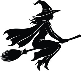 Witch Flying on Broom Silhouette Vector Illustration