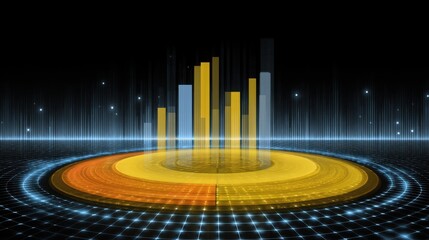 Abstract Visualization of Data Analytics with Colorful Bar Graphs and Circular Patterns on a Dark Background for Modern Business Concepts