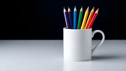 Vibrant colored pencils neatly arranged in a white mug, ready for creative work on a clean studio desk surface