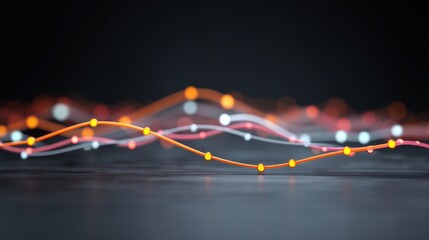 Abstract representation of data visualization with vibrant colorful lines and dots against a dark background ideal for technology and business concepts.