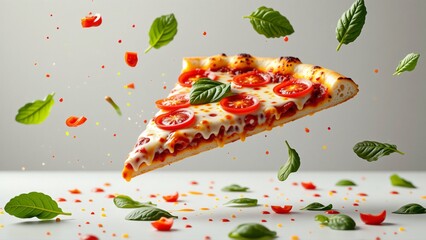 slice pizza flying air pizza topped melted cheese tomato sauce basil leaves slice mid air edges pizza slightly tilted upwards background plain white surface scattered red green basil leaves cherry