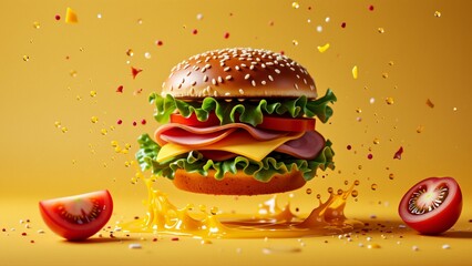 illustration hamburger sesame seed bun lettuce top burger center surrounded splash orange juice background solid yellow color small red yellow confetti scattered around burger right side burger two