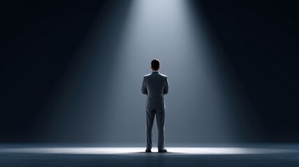 Obraz premium Businessman Standing in Spotlight Facing Dark Background, Concept of Leadership, Confidence, Inspiration, and Public Speaking in Professional Environment
