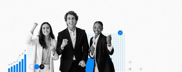 Three team members express joy in a professional environment. They are smiling and showing enthusiasm, surrounded by graphs and charts. The atmosphere reflects achievement and teamwork.