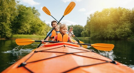Obraz premium Family kayaking together on a calm river in orange kayaks with paddles