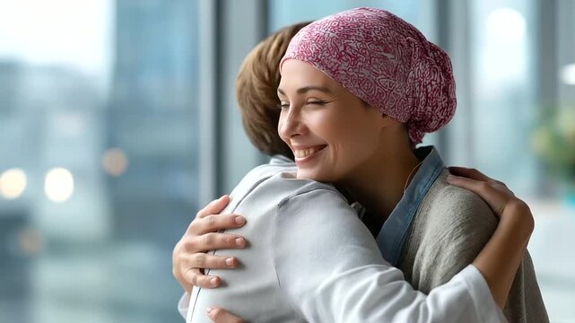 World cancer day research and care concept faceless compassionate caregiver embracing patient defocused bright medical setting background emotional support moment cancer
