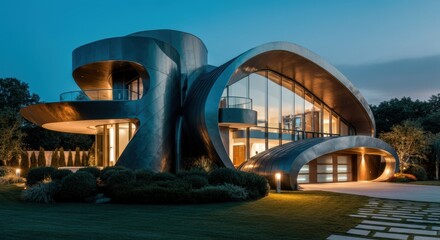 Fototapeta premium Contemporary curved house with sweeping metal forms and illuminated glass facades