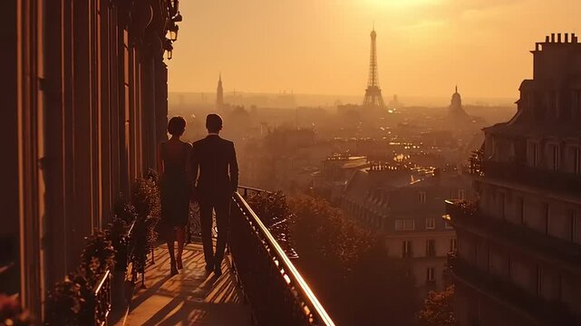 Romantic Sunset Embrace of Couple Overlooking Paris Landscape, Lifestyle, Scenic View, Love Concept