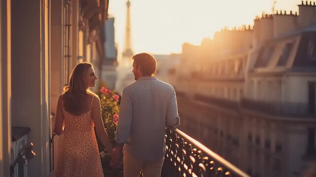 Sunset Stroll, Romantic Couple, Paris, Photography, Balcony, Rear View, Love in the Air