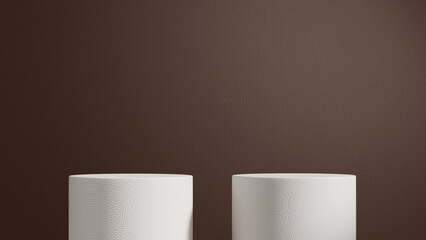 Dual White Pedestals in Front of Deep Brown Textured Wall