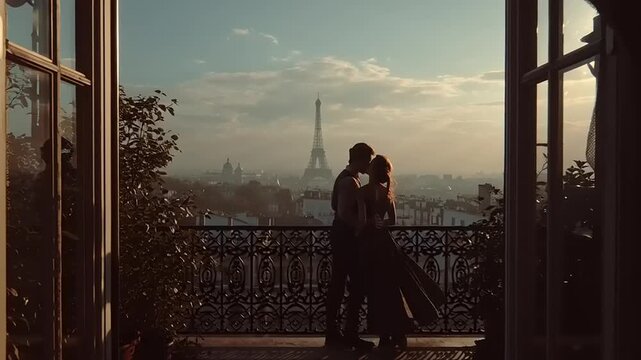Romantic Sunset Embrace, Couple Overlooking Paris, Lifestyle Photography, Scenic View, Love Concept