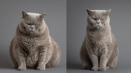 British Shorthair cat before and after weight loss transformation in studio setting