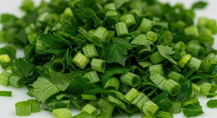 A vibrant close-up view of freshly chopped parsley leaves, cut into small slices, showcasing the bright green color and fresh texture, healthy eating, bright, vegetarian