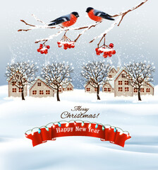 Holiday Christmas background with a winter village and  trees and red ribbon. Vector.