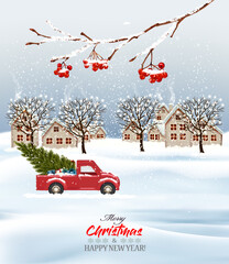 Naklejka na ściany i meble Holiday Christmas background with a winter village and trees and red car. Vector.