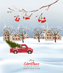 Holiday Christmas background with a winter village and  trees and red car. Vector.