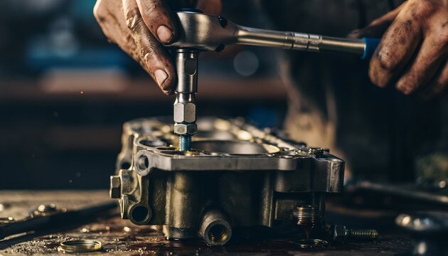 Close-up of a mechanic's hands using a torque wrench to tighten a bolt on an engine part in a workshop, highlighting precision and manual labor.