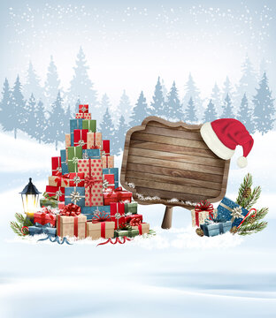 Holiday Christmas background with Santa Claus and a gift boxes and wooden sign. Vector