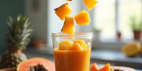Slow-motion close-up of fresh papaya and pineapple chunks dropping into blender for tropical digestive enzyme smoothie preparation
