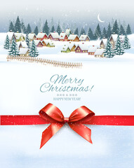 Christmas Holiday Winter Background with a Village Landscape and red ribbon. Vector illustration.