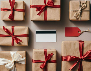 White gift card and kraft paper presents with red ribbons on neutral background