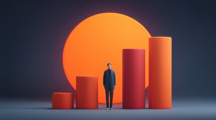 Rising Growth Trends in Business with Abstract Graphs and Businessman Silhouette Against a Bold Orange Sun Background