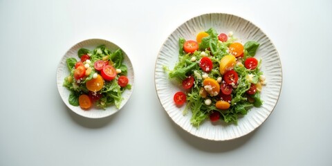 Overhead view of portion control: small vs large plate with same colorful mixed salad on white table