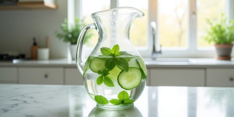 Glass pitcher with cucumber mint detox water on marble countertop in minimal kitchen with natural light