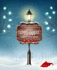 Christmas evening winter landscape with lamppost and Santa hat. Vector