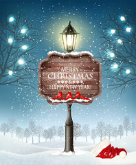 Christmas evening winter landscape with lamppost and Santa hat. Vector
