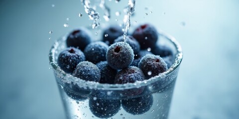 Close-up of frozen blueberries and blackberries dropping into glass of clear water with splash