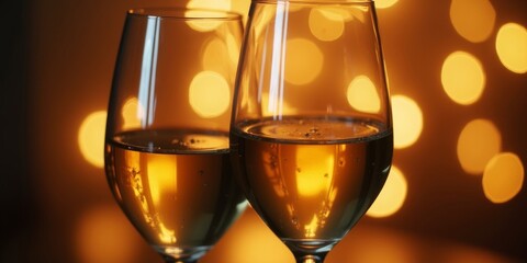 Close-up of two wine glasses clinking in slow motion with soft bokeh lights and warm golden-white wine