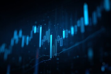 Dynamic financial chart with blue candlesticks on dark digital background, market analysis concept