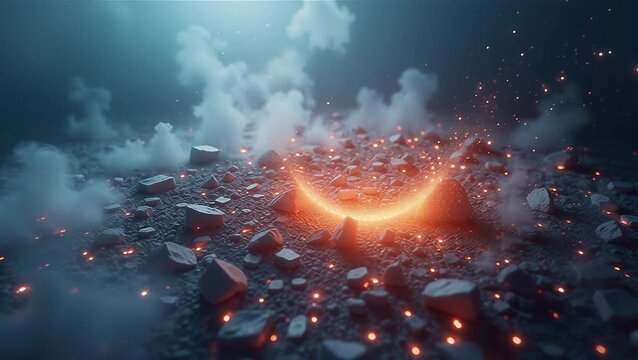Glowing Crescent Shaped Ember Surrounded by Rocks and Smoke in a Dark Background