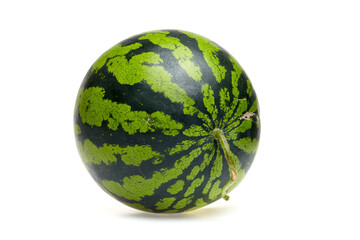 Fresh watermelon with vibrant green stripes and a smooth surface, showcasing its round shape and natural beauty, perfect for summer fruit displays and healthy eating concepts