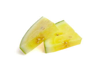 Fresh yellow watermelon slices showcasing vibrant colors and juicy texture, arranged on a clean white background, emphasizing natural sweetness and healthy snacking options
