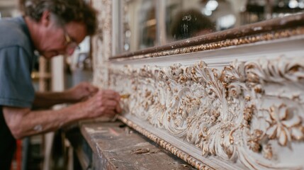 Medium shot capturing detailed Victorian trim restoration with ornate floral carvings being meticulously cleaned and repainted by a skilled artisan.