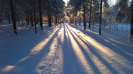Long shadows cast on a snowy forest path during winter solstice create a serene atmosphere, inviting exploration and reflection in a tranquil winter landscape