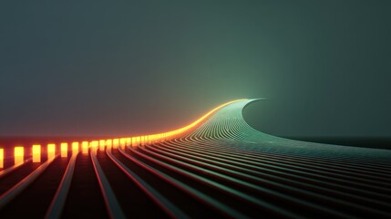 Abstract representation of a digital wave with vibrant lights illuminating the curved lines, creating a surreal sense of movement and depth in a dark environment