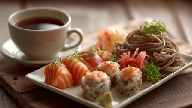 Japanese sushi and sashimi platter featuring tuna, salmon, shrimp, maki rolls, and soba noodles, served with soy sauce, wasabi, and ginger on a rustic wooden table